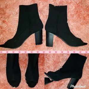 Black stretch fabric ankle booties